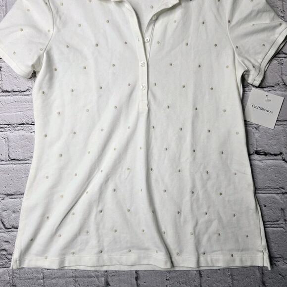 Croft And Barrow Cotton White Cream Gold Polka Dot Short Sleeve Collared Blouse - Picture 4 of 10